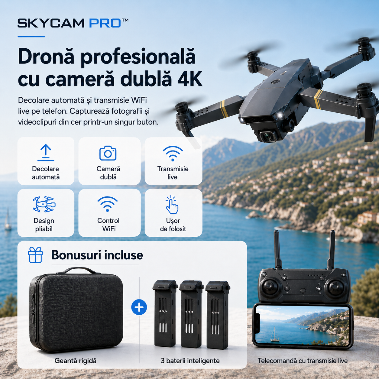 SKYCAM PRO™ | Dronă 4K cu cameră dublă, decolare automată și transmisie live pe telefon. (Doar azi: geantă rigidă + 3 baterii GRATIS)