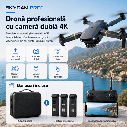 SKYCAM PRO™ | Dronă 4K cu cameră dublă, decolare automată și transmisie live pe telefon. (Doar azi: geantă rigidă + 3 baterii GRATIS)