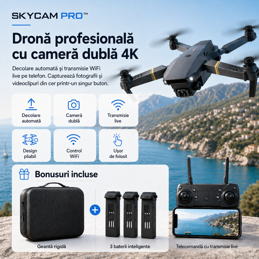 SKYCAM PRO™ | Dronă 4K cu cameră dublă, decolare automată și transmisie live pe telefon. (Doar azi: geantă rigidă + 3 baterii GRATIS)